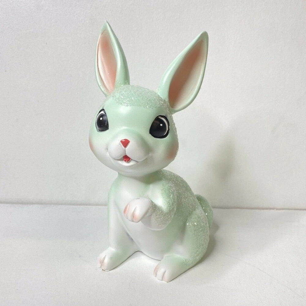 Vintage Retro Style Glittery Sugared Easter Bunny Soft Mint Green Figurine NEW